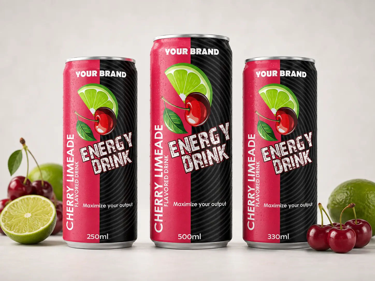 ENERGY DRINK Cherry Limeade flavored drink cans in 250ml, 500ml, and 330ml cans.